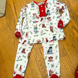 Classic southern smocks girls Christmas doggy pajamas set red ruffle dogs 4t